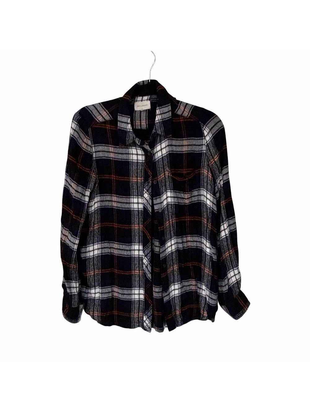 Melloday Women's S Plaid Flannel Collared Button-Up Long Sleeve Navy Orange
